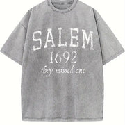 Salem Mass 1692 Halloween Witch Broom Joke for Ladies Cute Vintage Washed T-Shirt in Gray