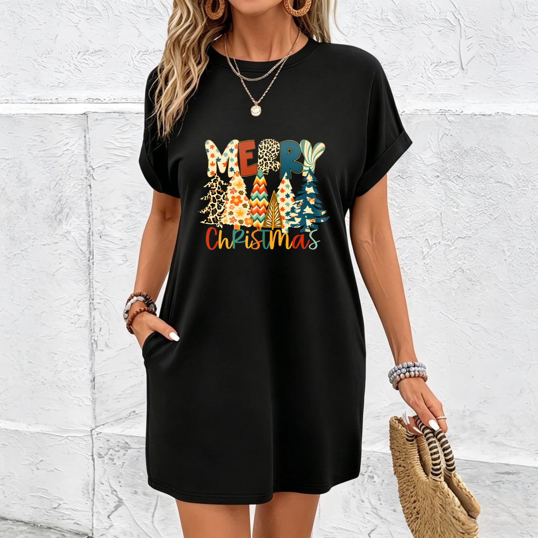 New Long Black Patterned Dress Cotton T-Shirt in Black