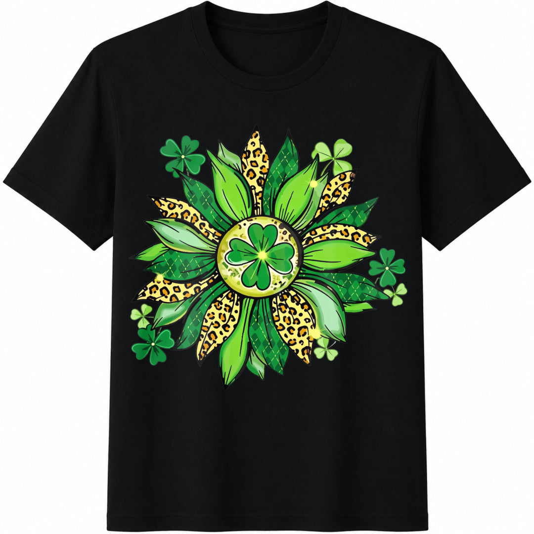 Shamrock Leopard Flower Cotton T-Shirt in Black