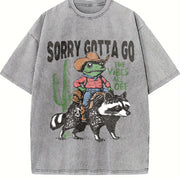 Raccoon Cowboy Frog Retro Vintage Washed T-Shirt in Gray