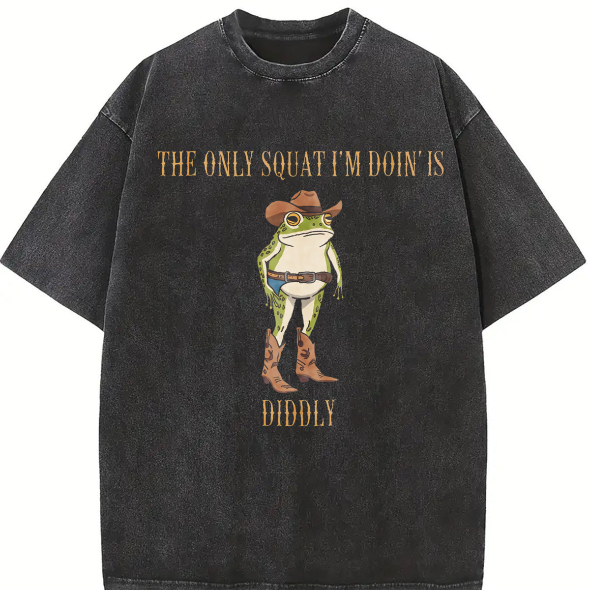 The Only Squat I'm Doin' Is Diddly Cowboy Frog vintage washed oversized T-shirt in Black