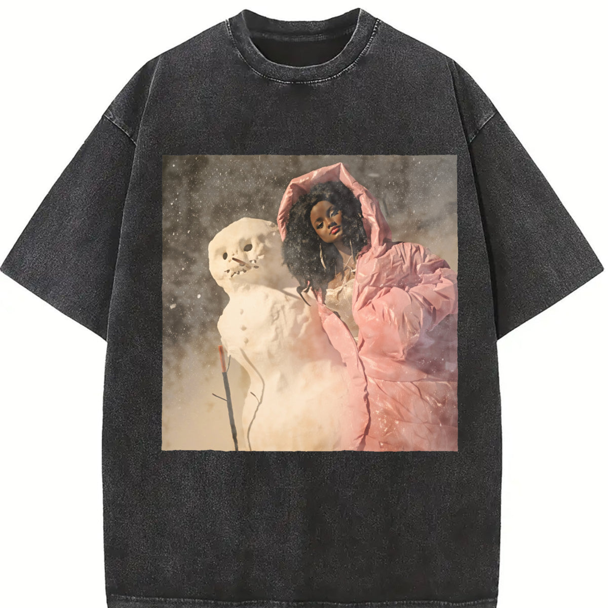 Glam Doll with a Snowman Vintage Washed T-Shirt in Black