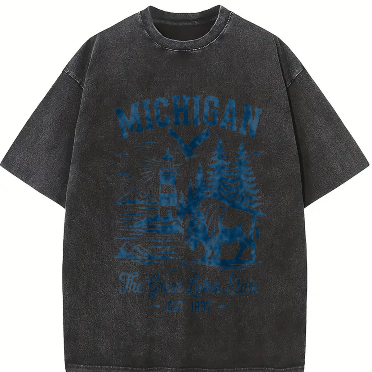 Retro Michigan the Great Lakes State Vintage Washed T-Shirt in Black