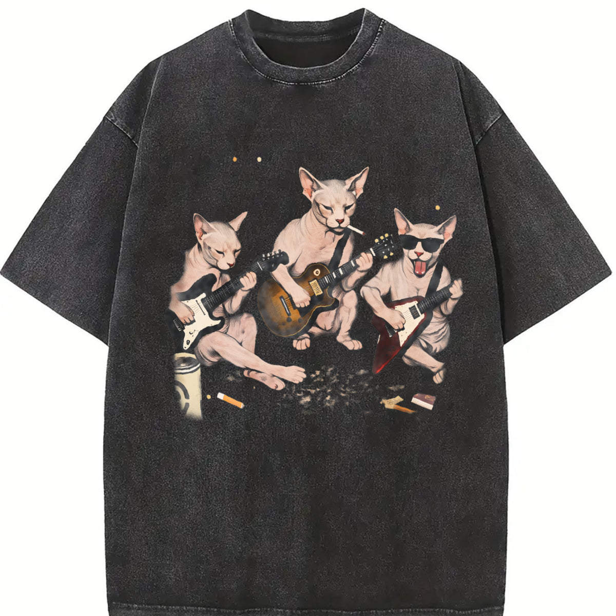 Sphynx Cat Rock Band Vintage Washed T-Shirt in Black