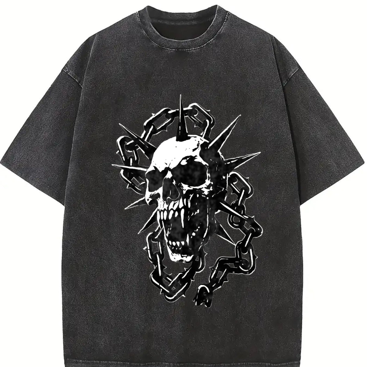 Spiked Skull Chains Vintage Washed T-Shirt in Black