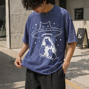 Cat UFO Cute Kitty Space Spaceship Alien Vintage Washed T-Shirt in Blue