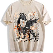 Fantasy Black Dragon Gentle Floral Vintage Washed T-Shirt in Beige