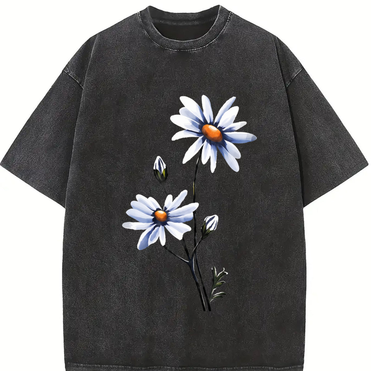 White Daisy Flowers Vintage Washed T-Shirt in Black