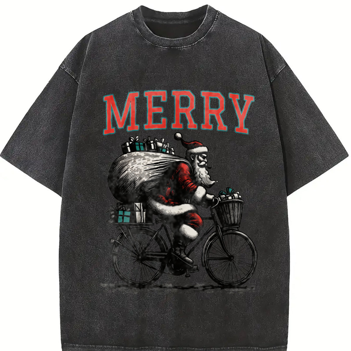 Retro Merry Santa Riding Bike 90s Vintage Washed T-Shirt in Black