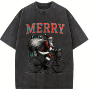 Retro Merry Santa Riding Bike 90s Vintage Washed T-Shirt in Black