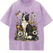 Dog Short-sleeve Blouse with Cute Puppy & Canine Patterns Vintage Washed T-Shirt in Purple