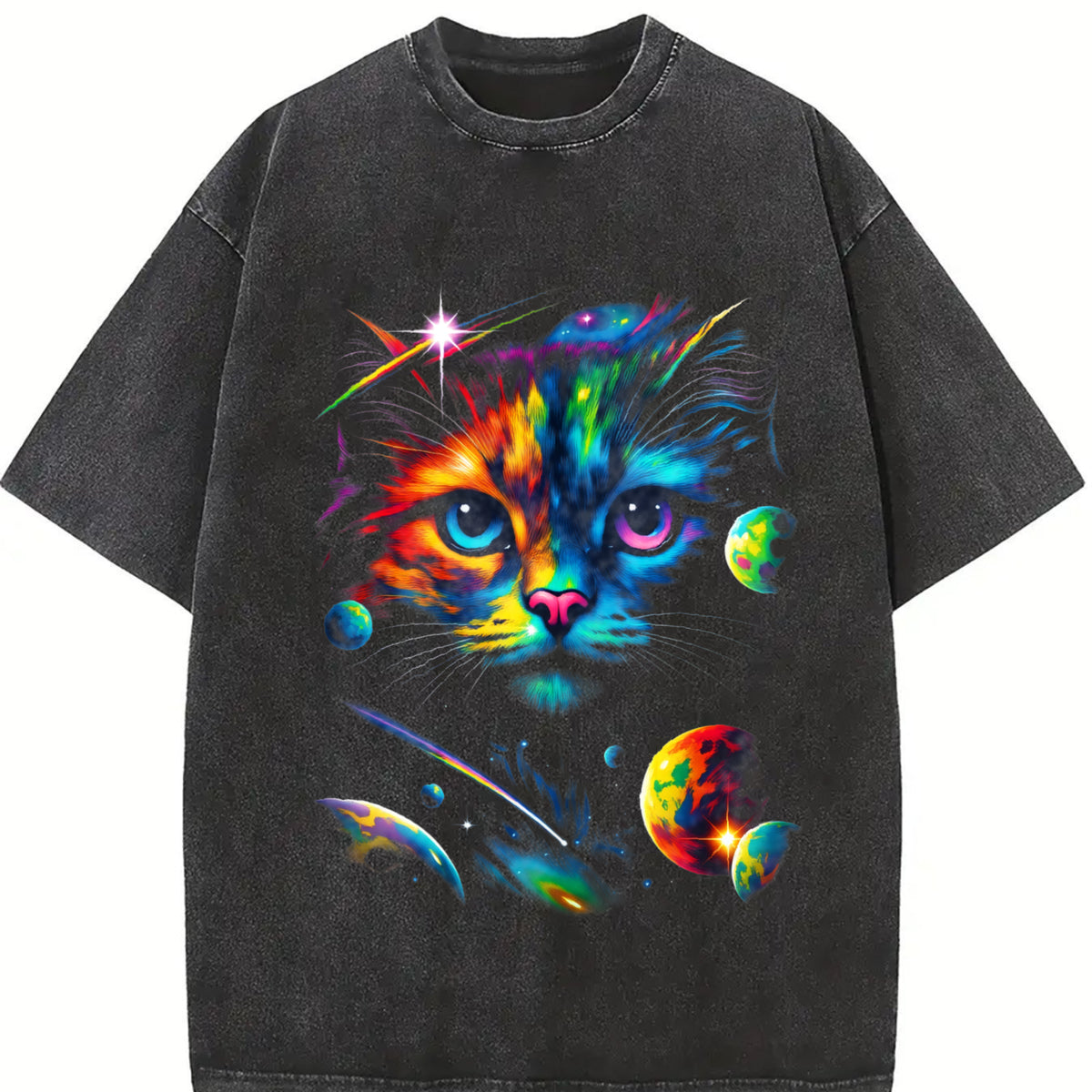 Cat Galaxy 90s ® Retro Mystical Cat Faded Vintage Washed T-Shirt in Black