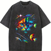 Cat Galaxy 90s ® Retro Mystical Cat Faded Vintage Washed T-Shirt in Black