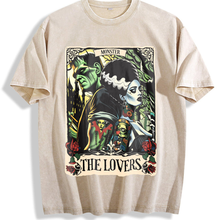 The Monster Frankenstein And Bride The Lovers Tarot Card vintage washed oversized T-shirt in Beige