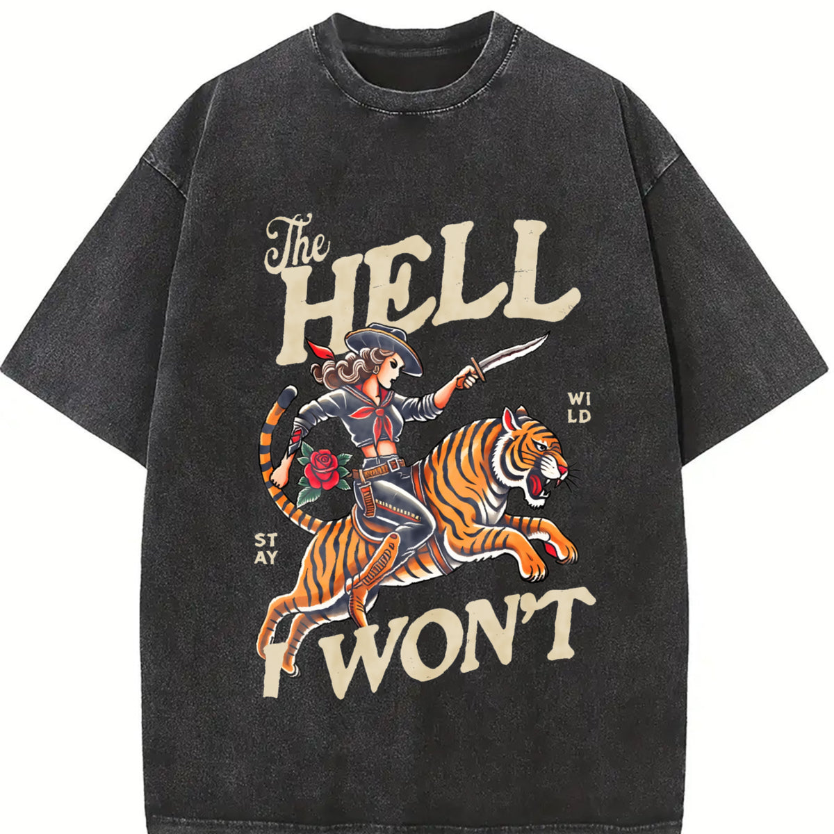 The Hell I Won't Cowgirl Tiger vintage washed oversized T-shirt in Black
