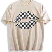 Black and White Checkered Lips Vintage Washed T-Shirt in Beige
