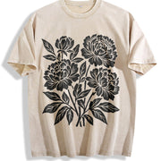 Linocut Flower Retro Block Peonies Vintage Washed T-Shirt in Beige