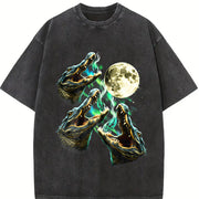 Crocodile Howling to Moon 90s Vintage Washed T-Shirt in Black