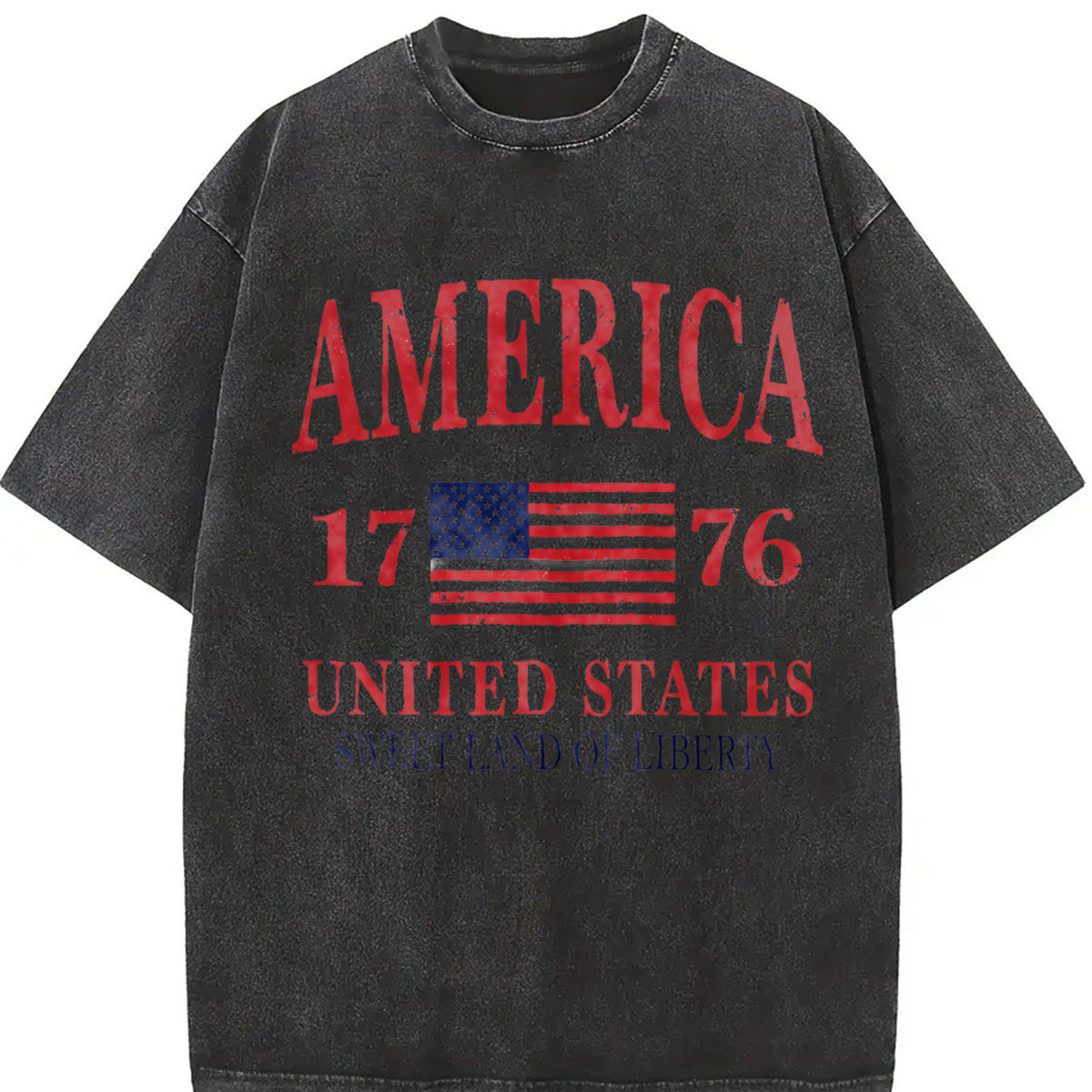 America 1776 Distressed Patriotic USA Liberty Fourth July Vintage Washed T-Shirt in Black