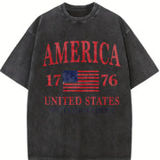 America 1776 Distressed Patriotic USA Liberty Fourth July Vintage Washed T-Shirt in Black