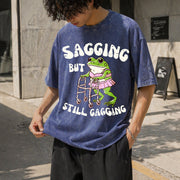 Sagging but Still Gagging Frog Cringe Meme Vintage Washed T-Shirt in Blue