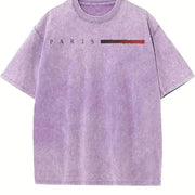 Paris Flag Blend Soft Breathable Trendy Letter for and vintage washed oversized T-shirt in Purple