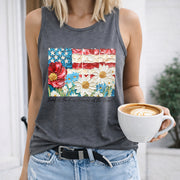 Floral Patriotic USA Women's Color Cotton Tank Top in Gray