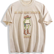 The Only Squat I'm Doin' Is Diddly Cowboy Frog vintage washed oversized T-shirt in Beige