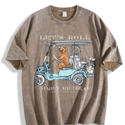 Let's Roll Golf Cart Golden Retriever Vintage Washed T-Shirt in Brown