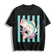 Preppy Bass Fishing Striped Bass Cotton T-Shirt in Black