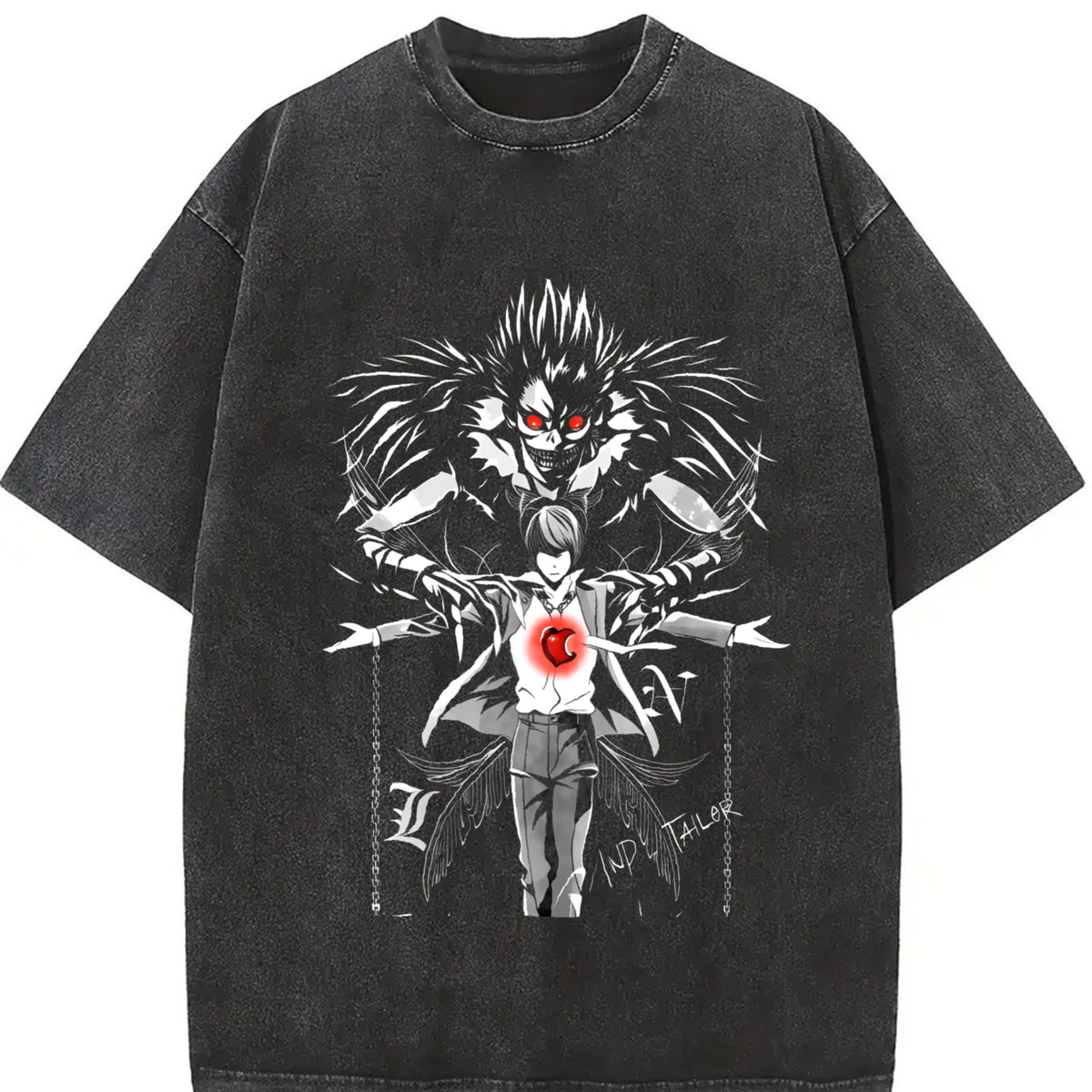 Ryuk & Light Yagami (Kira) – Death Note Anime vintage washed oversized T-shirt in Black