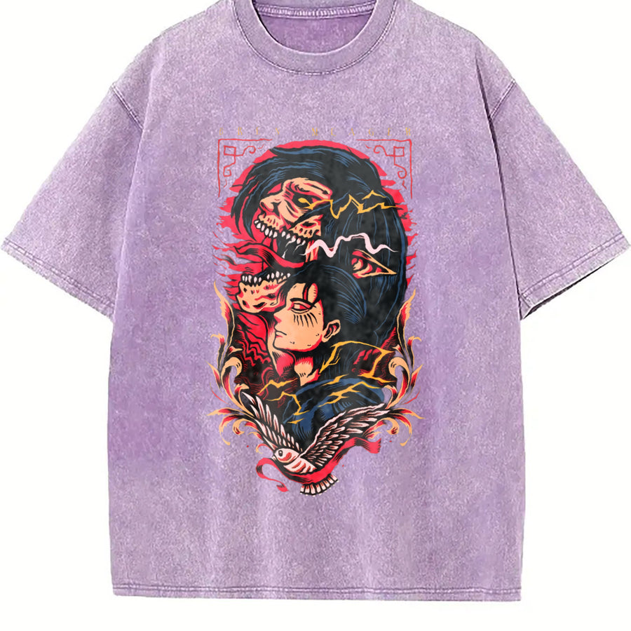 Hot-Blooded Anime2 Attack on Titan Eren Jaeger Manga vintage washed oversized T-shirt in Purple
