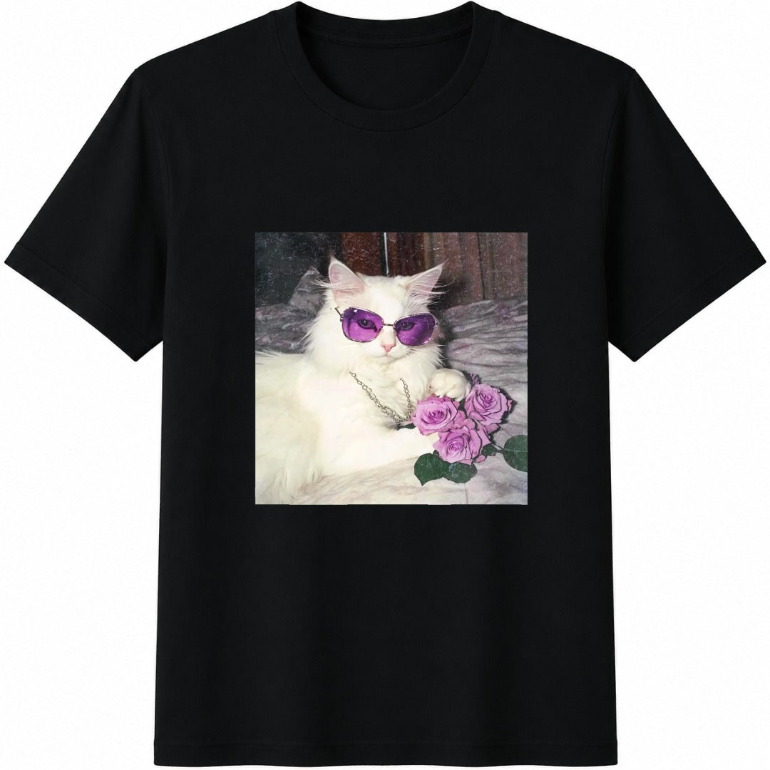 White Cat with Purple Sunglasses and Roses Cotton T-Shirt in Black