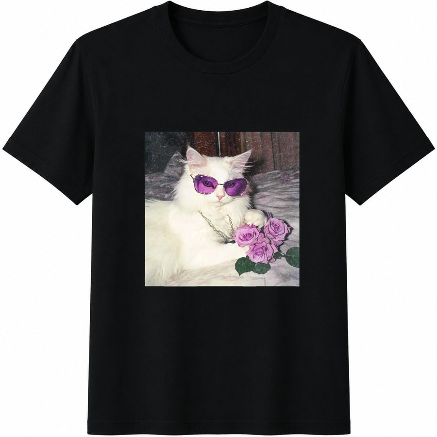 White Cat with Purple Sunglasses and Roses Cotton T-Shirt in Black