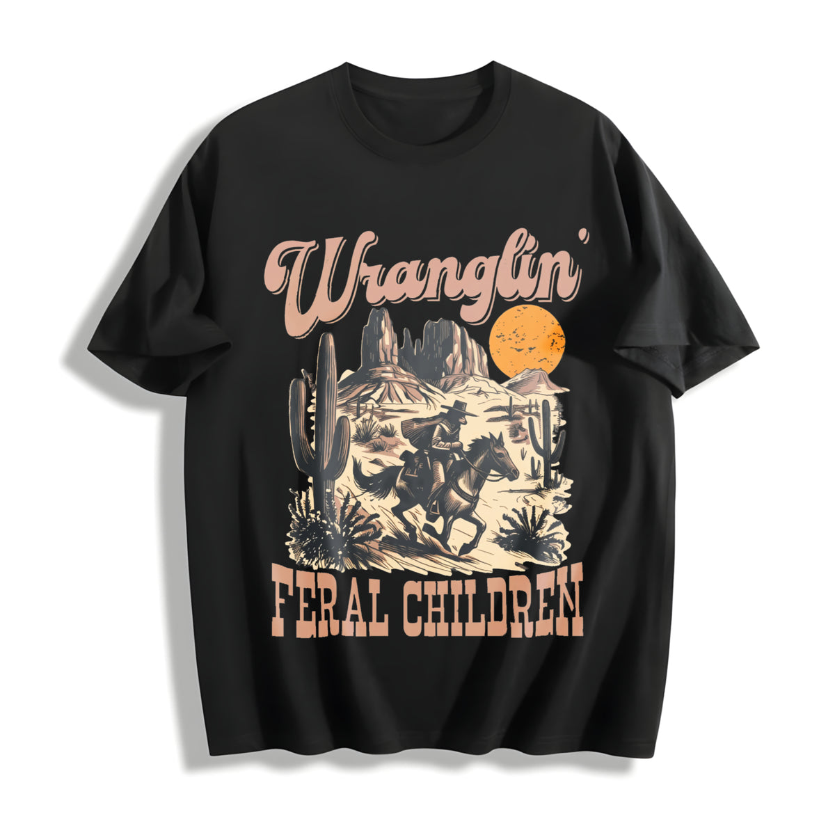 Retro Wranglin' Feral Children Raccoon 90s Western Cotton T-Shirt in Black
