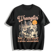 Retro Wranglin' Feral Children Raccoon 90s Western Cotton T-Shirt in Black