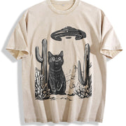 Retro UFO Desert Cat 90s Vintage Washed T-Shirt in Beige