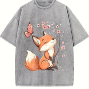 Floral Butterfly Fox Vintage Washed T-Shirt in Gray