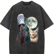 Three Cats Retro Moon Vintage Washed T-Shirt in Black