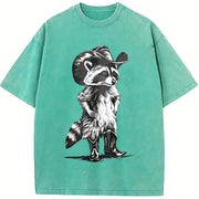 Western Raccoon Retro Cowboy Racoon Vintage Washed T-Shirt in Blue