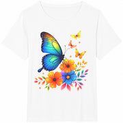 Rainbow Butterfly and Flowers Cotton T-Shirt in White