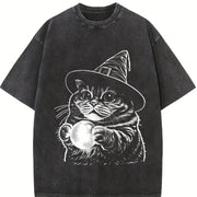 Witch Cat Retro Halftone Halloween Vintage Washed T-Shirt in Black