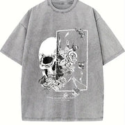 With Gothic Skull & Rose Vintage Washed T-Shirt in Gray