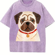 Winter a Pug Round-neck Long-sleeve Vintage Washed T-Shirt in Purple