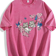 Kitten Cute Cats & Bluebirds Floral Vintage Washed T-Shirt in Red