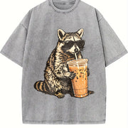 Raccoon Iced Coffee Animal vintage washed oversized T-shirt in Gray