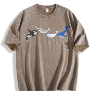 Marine Life Embroidered Vintage Washed T-Shirt in Brown
