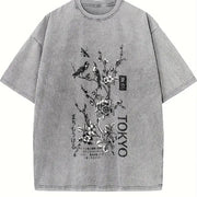 Floral Birds vintage washed oversized T-shirt in Gray