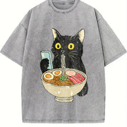 Cat Rahmen Cat Eating Ramen Vintage Washed T-Shirt in Gray