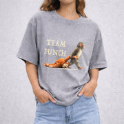 Team Punch Monkey – Funny Cute Animal Graphic vintage washed oversized T-shirt in Gray